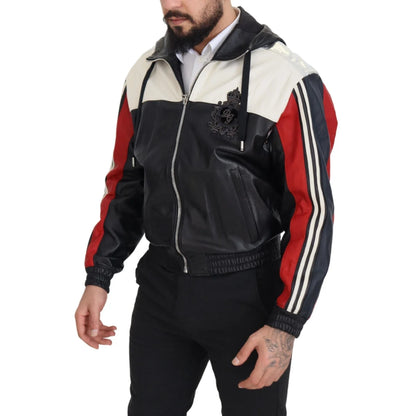 Dolce & Gabbana Black Leather Hooded Blouson Coat Jacket