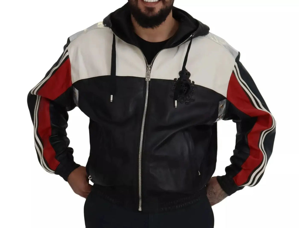 Dolce & Gabbana Black Leather Hooded Blouson Jacket