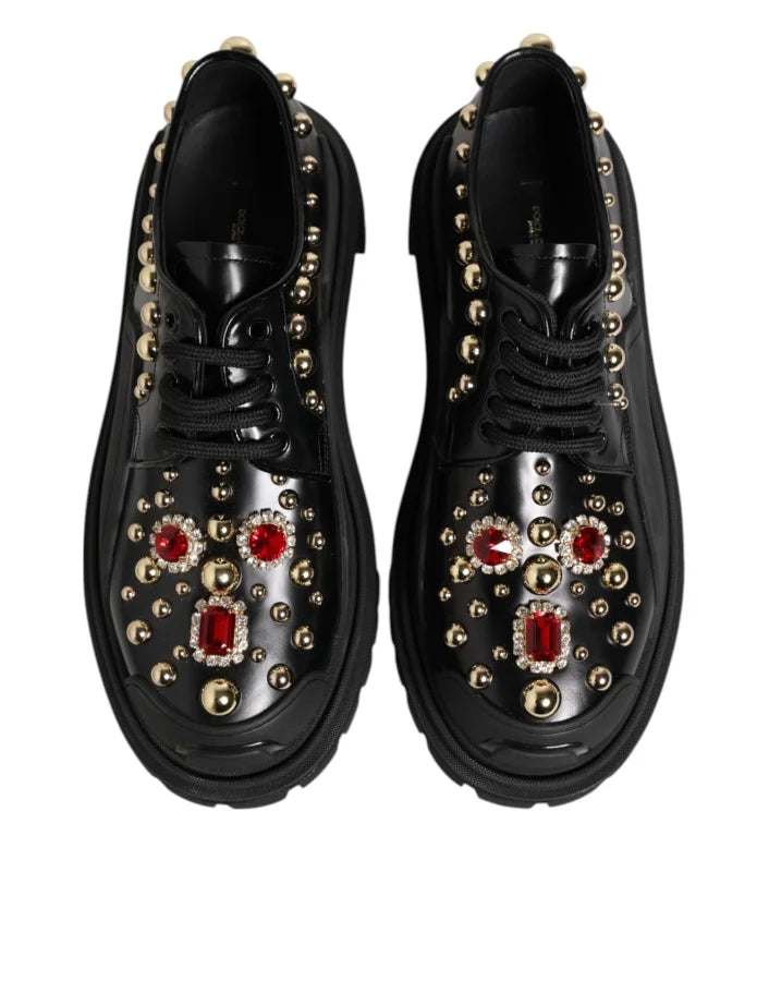 Dolce &amp; Gabbana Black Leather Jeweled Crystals Derby Shoes