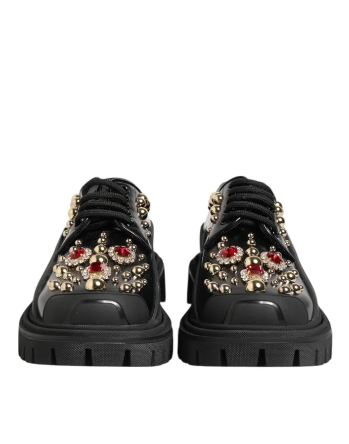 Dolce &amp; Gabbana Black Leather Jeweled Crystals Derby Shoes