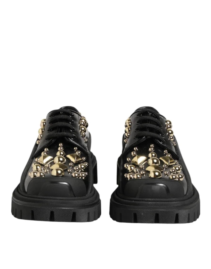 Dolce &amp; Gabbana Black Leather Jeweled Crystals Derby Shoes