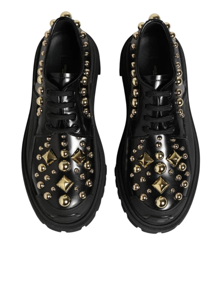 Dolce &amp; Gabbana Black Leather Jeweled Crystals Derby Shoes