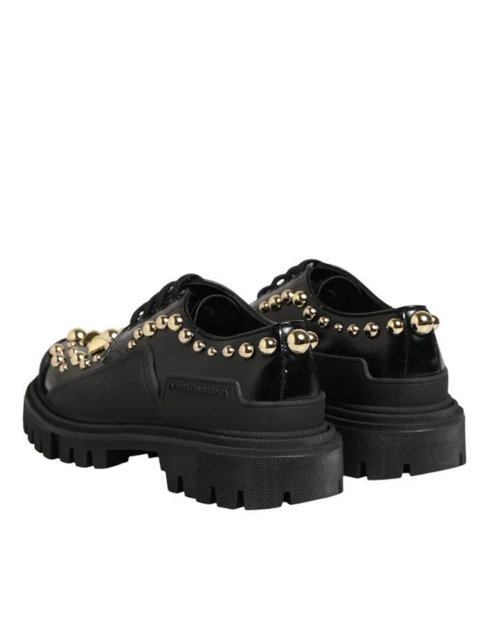 Dolce &amp; Gabbana Black Leather Jeweled Crystals Derby Shoes
