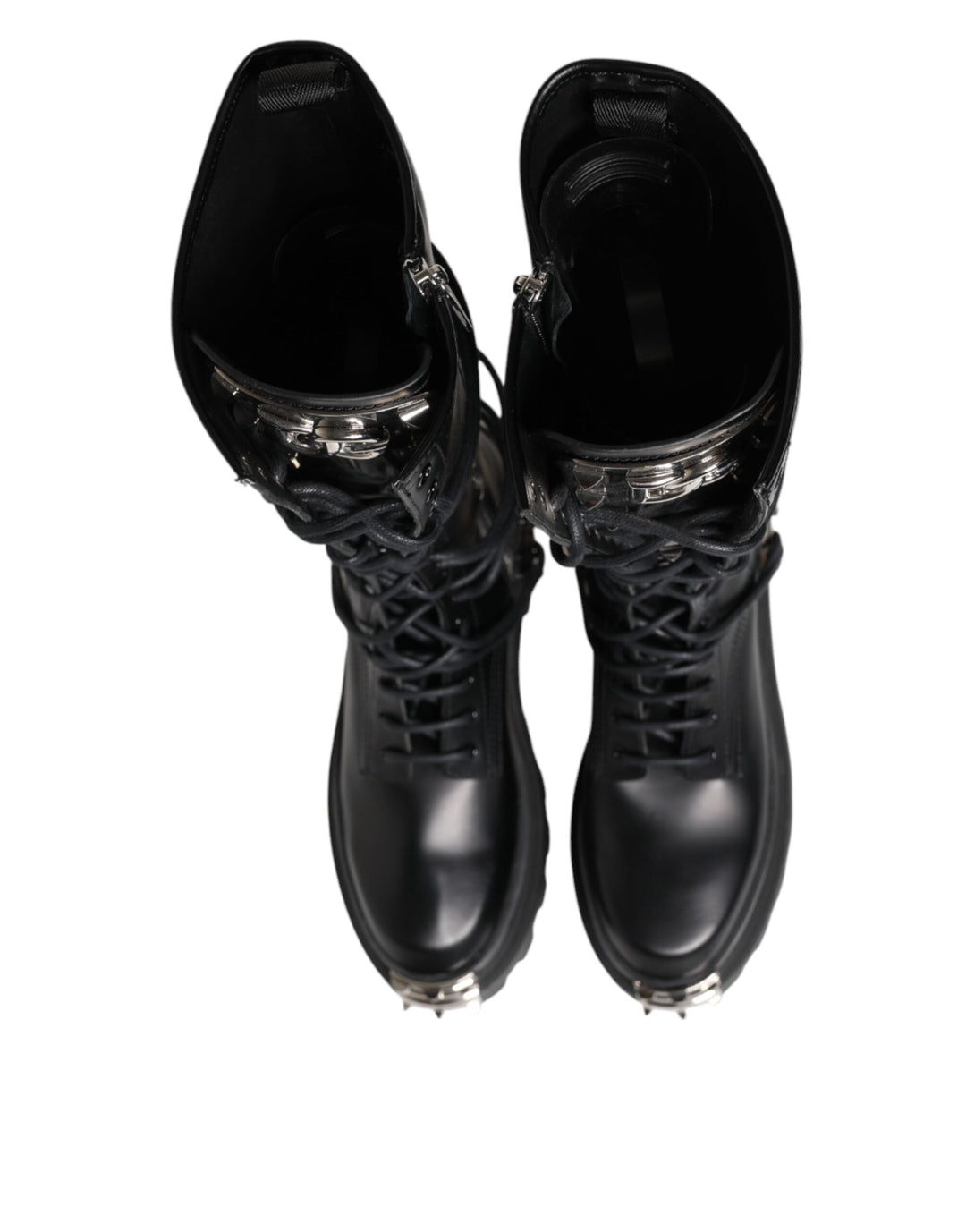 Dolce &amp; Gabbana Black Leather Knee High Combat Boots Shoes