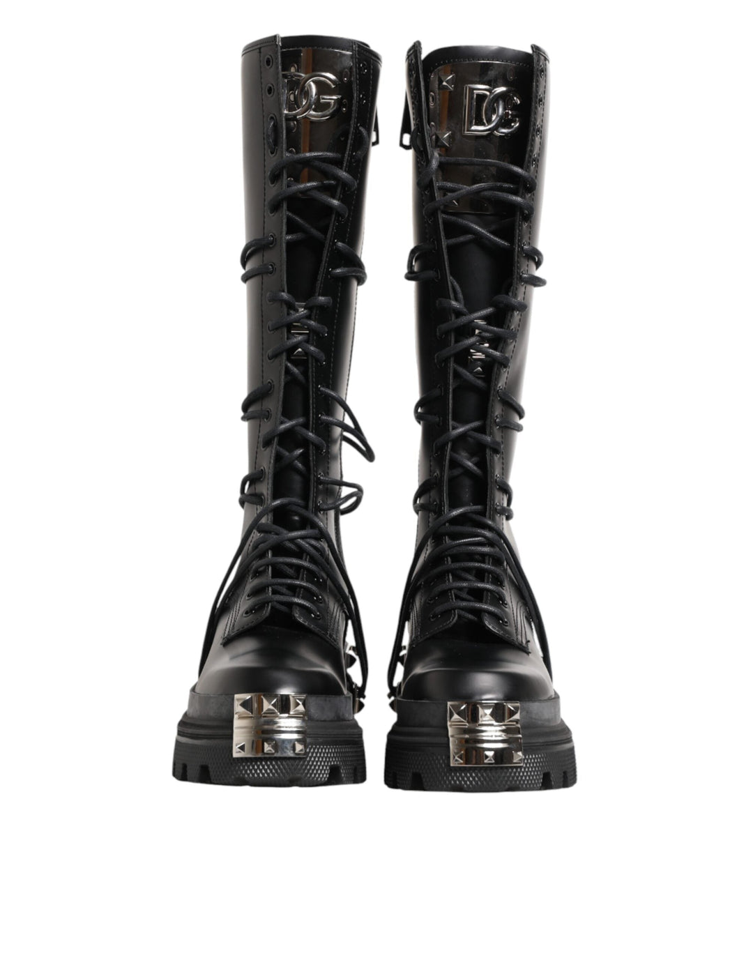 Dolce &amp; Gabbana Black Leather Knee High Combat Boots Shoes