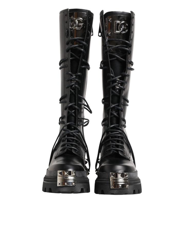 Dolce &amp; Gabbana Black Leather Knee High Combat Boots Shoes