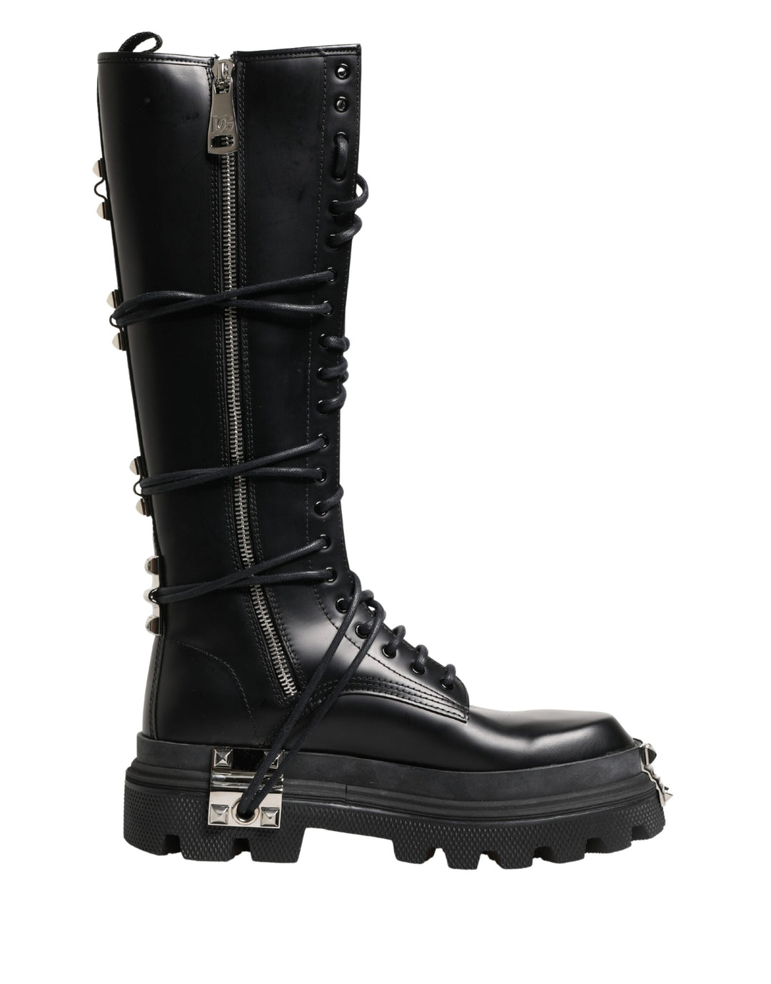 Dolce &amp; Gabbana Black Leather Knee High Combat Boots Shoes