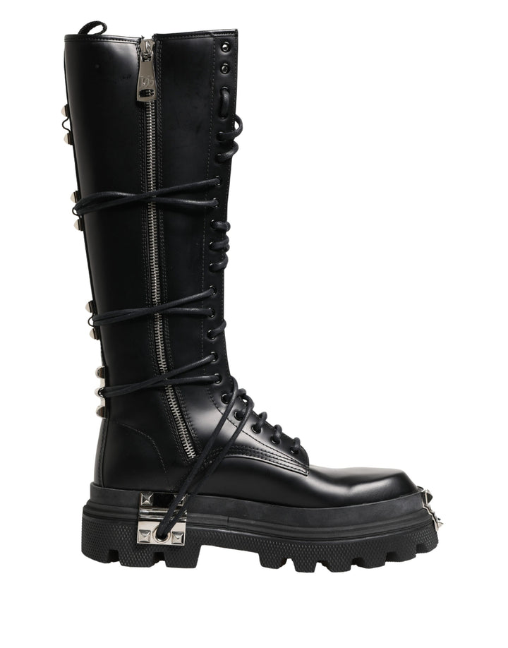 Dolce &amp; Gabbana Black Leather Knee High Combat Boots Shoes