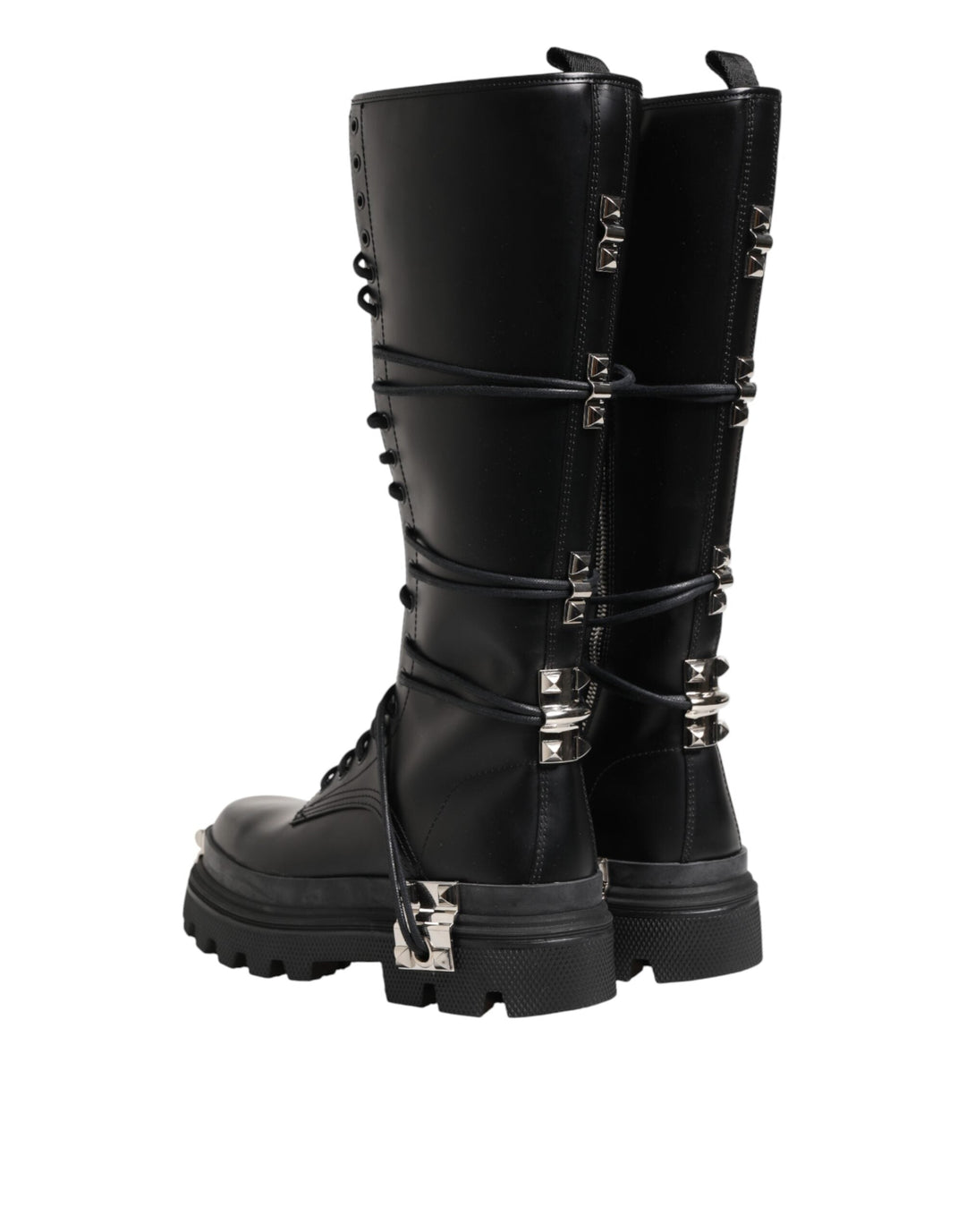 Dolce &amp; Gabbana Black Leather Knee High Combat Boots Shoes