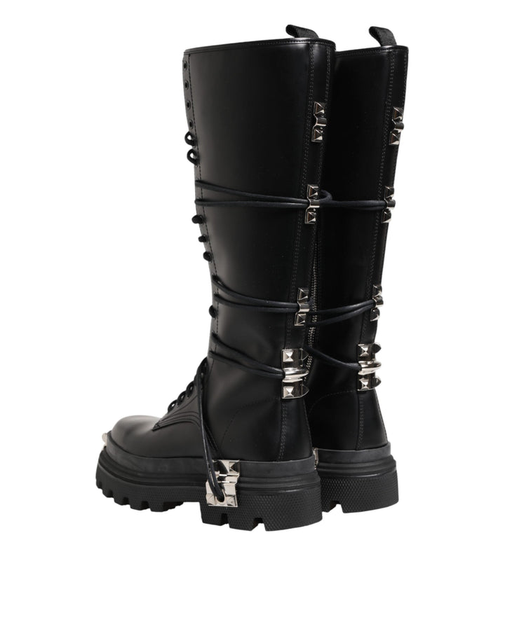 Dolce &amp; Gabbana Black Leather Knee High Combat Boots Shoes