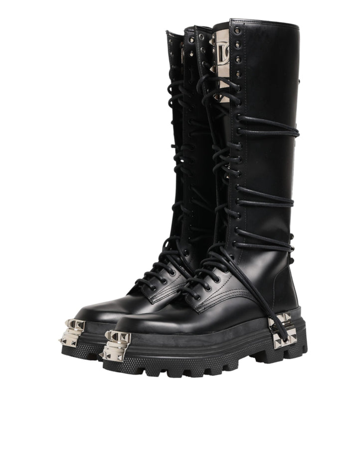 Dolce &amp; Gabbana Black Leather Knee High Combat Boots Shoes