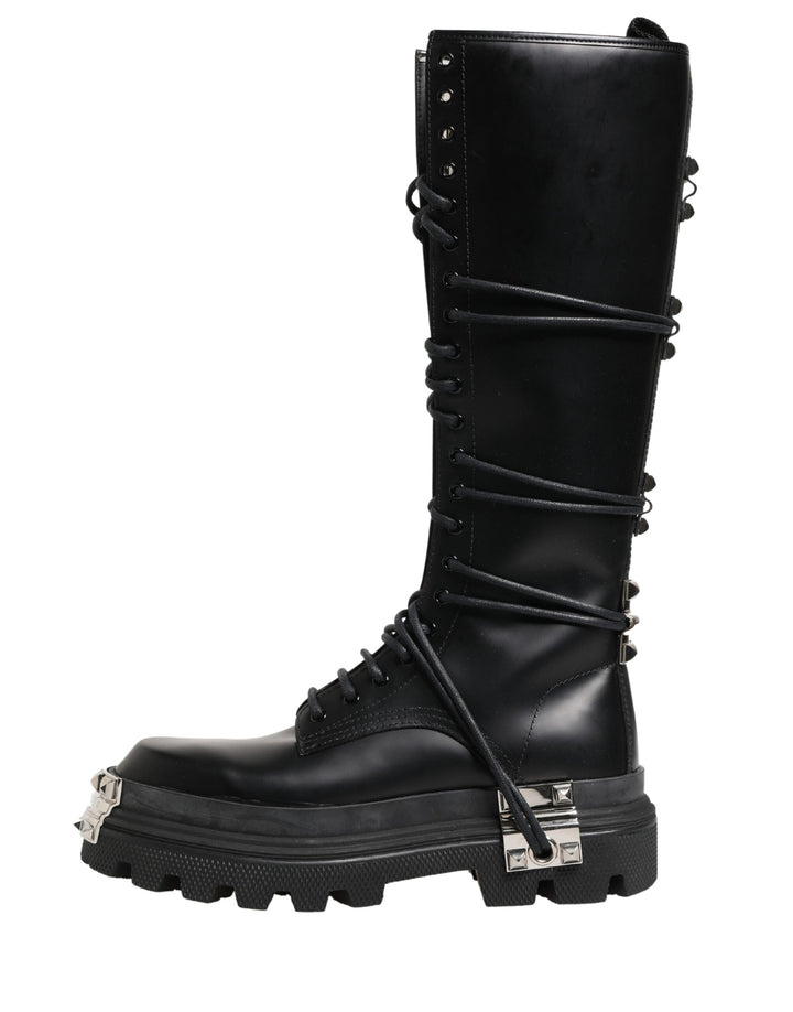 Dolce &amp; Gabbana Black Leather Knee High Combat Boots Shoes