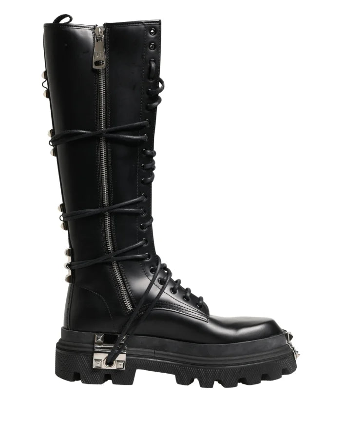 Dolce &amp; Gabbana Black Leather Knee High Combat Boots Shoes