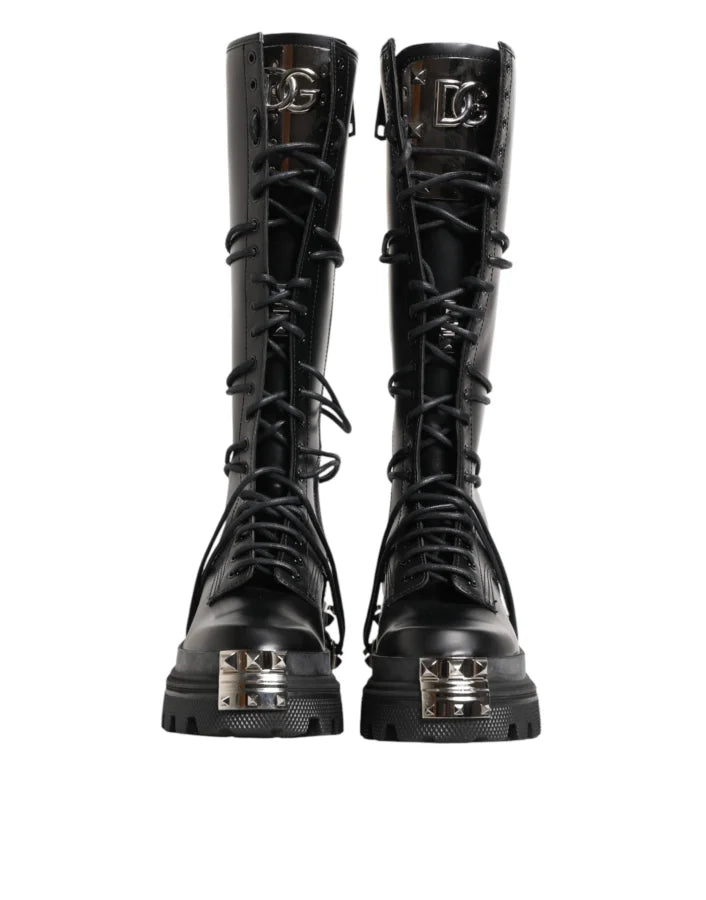 Dolce &amp; Gabbana Black Leather Knee High Combat Boots Shoes