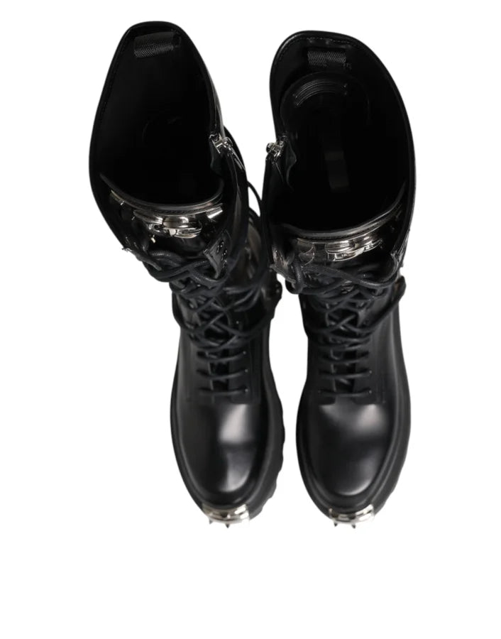 Dolce &amp; Gabbana Black Leather Knee High Combat Boots Shoes
