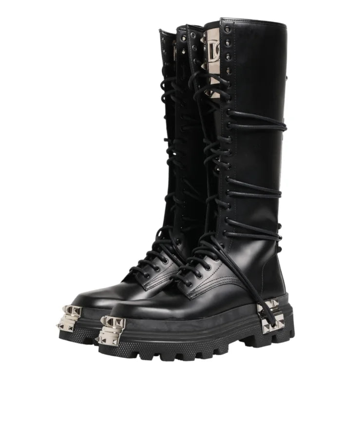 Dolce &amp; Gabbana Black Leather Knee High Combat Boots Shoes