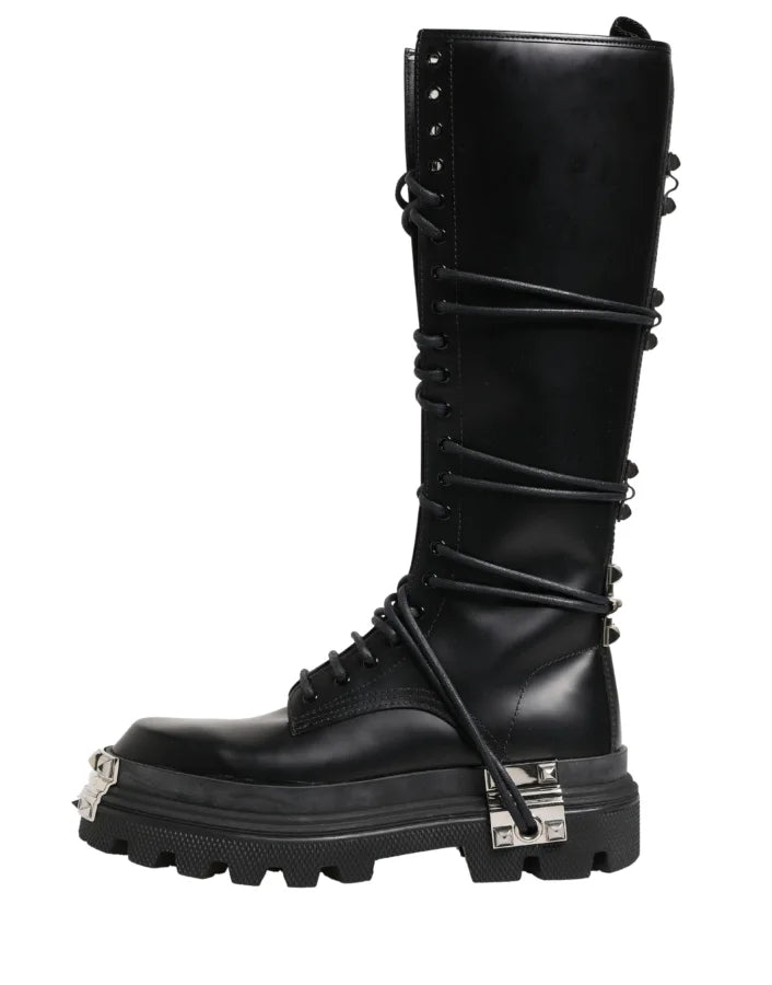 Dolce &amp; Gabbana Black Leather Knee High Combat Boots Shoes