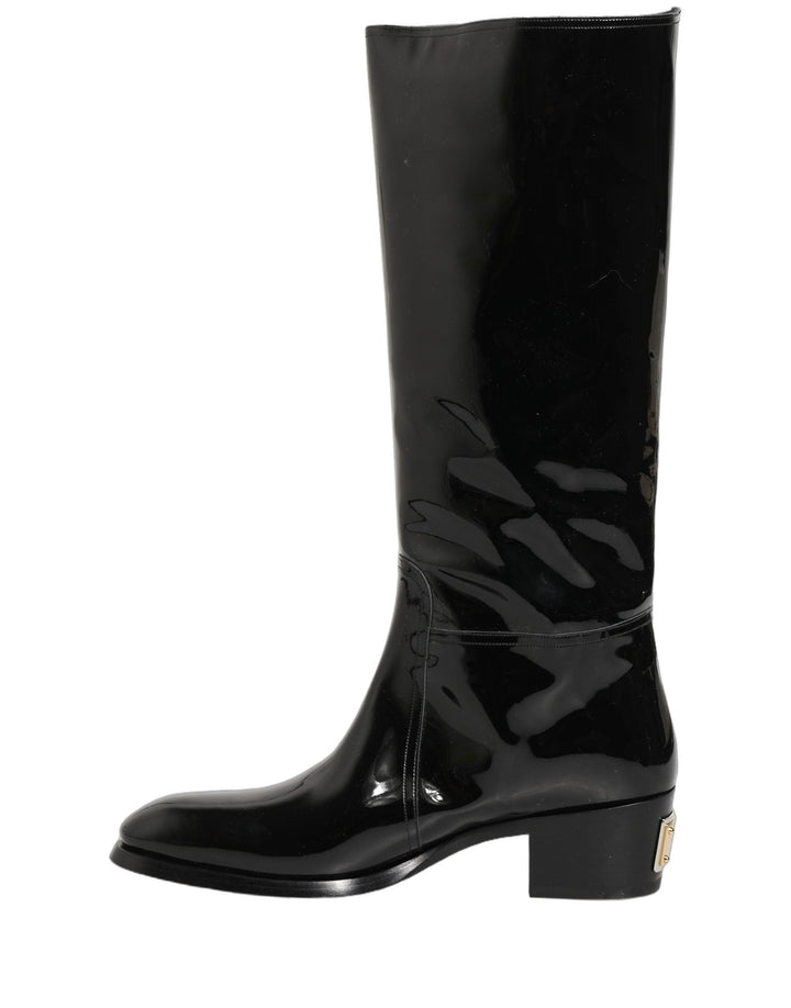 Dolce &amp; Gabbana Black Leather Knee High Heels Boots Shoes