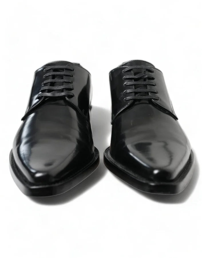 Dolce &amp; Gabbana Black Leather Lace Up Formal Flats Shoes