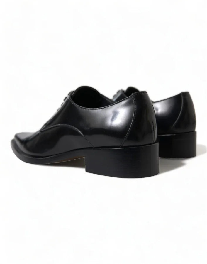 Dolce &amp; Gabbana Black Leather Lace Up Formal Flats Shoes