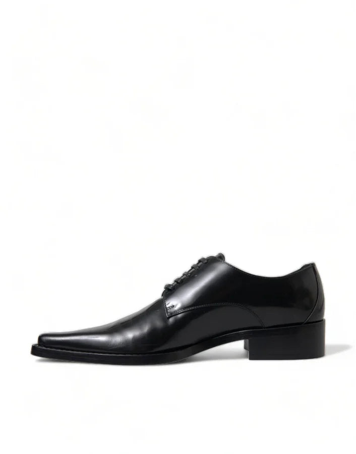 Dolce &amp; Gabbana Black Leather Lace Up Formal Flats Shoes