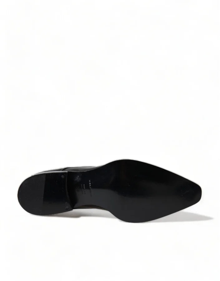 Dolce &amp; Gabbana Black Leather Lace Up Formal Flats Shoes