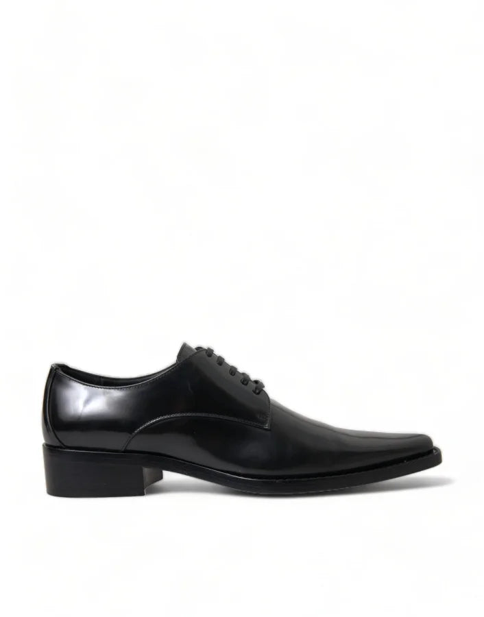 Dolce &amp; Gabbana Black Leather Lace Up Formal Flats Shoes