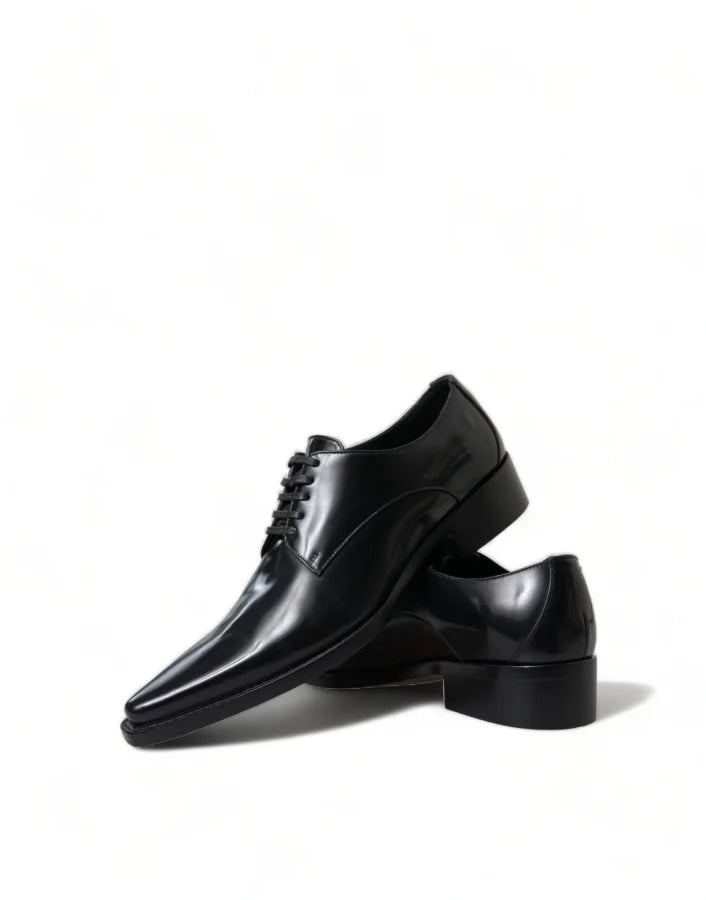Dolce &amp; Gabbana Black Leather Lace Up Formal Flats Shoes