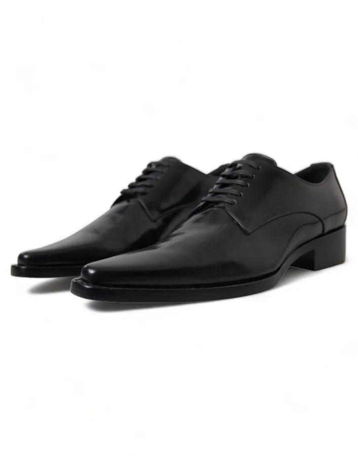 Dolce &amp; Gabbana Black Leather Lace Up Formal Flats Shoes