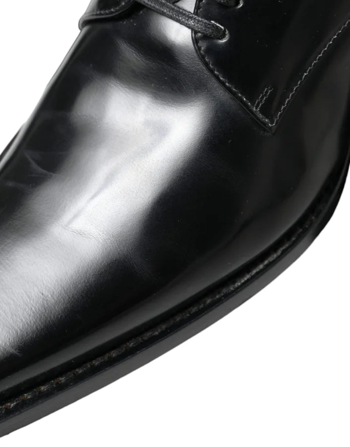 Dolce &amp; Gabbana Black Leather Lace Up Formal Flats Shoes