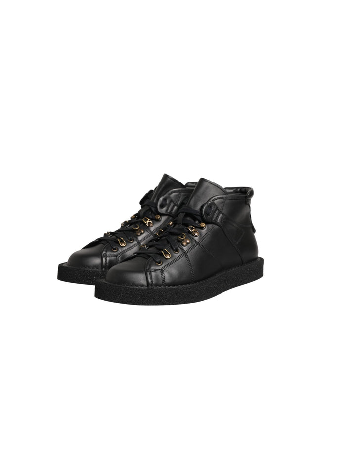 Dolce &amp; Gabbana Black Leather Lace Up Men Ankle Boots Shoes