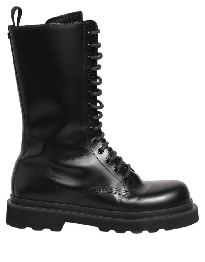 Dolce &amp; Gabbana Black Leather Lace Up Men Combat Boots Shoes