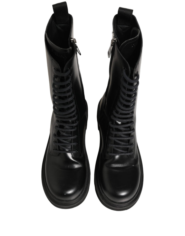 Dolce &amp; Gabbana Black Leather Lace Up Men Combat Boots Shoes