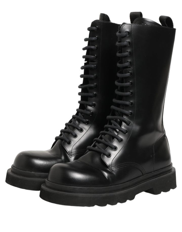 Dolce &amp; Gabbana Black Leather Lace Up Men Combat Boots Shoes