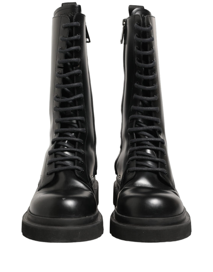 Dolce &amp; Gabbana Black Leather Lace Up Men Combat Boots Shoes