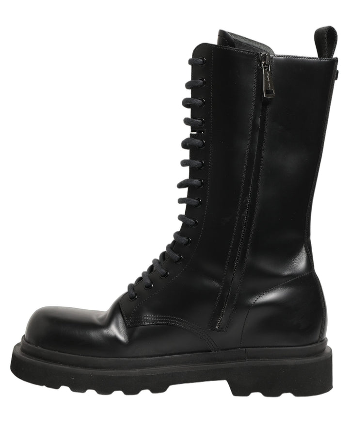 Dolce &amp; Gabbana Black Leather Lace Up Men Combat Boots Shoes