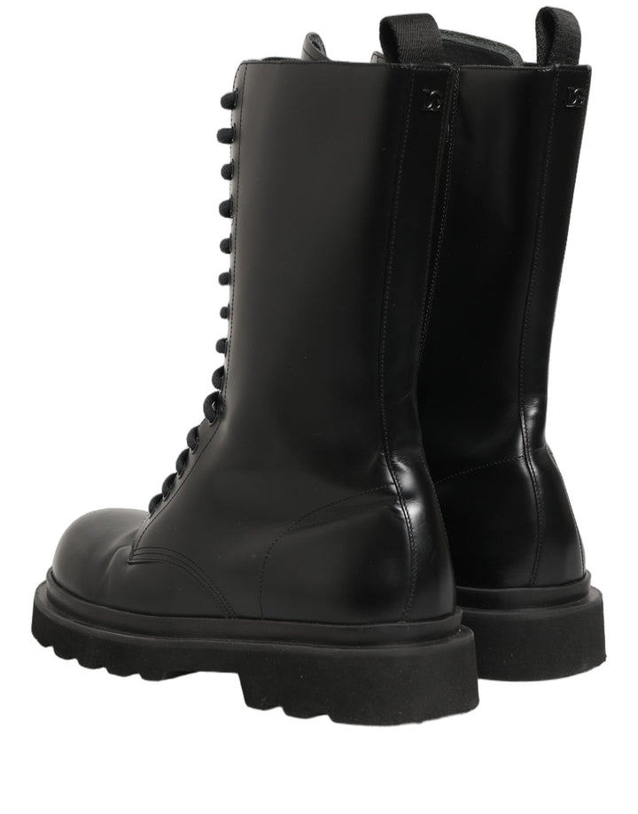 Dolce &amp; Gabbana Black Leather Lace Up Men Combat Boots Shoes