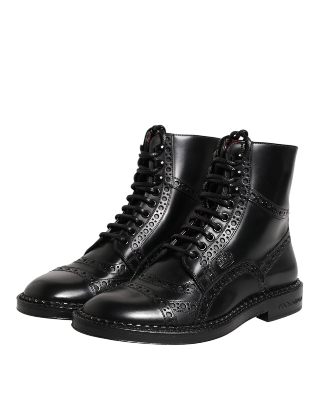 Dolce &amp; Gabbana Black Leather Lace Up Mid Calf Boots Shoes