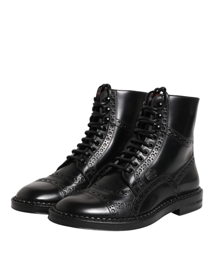 Dolce &amp; Gabbana Black Leather Lace Up Mid Calf Boots Shoes