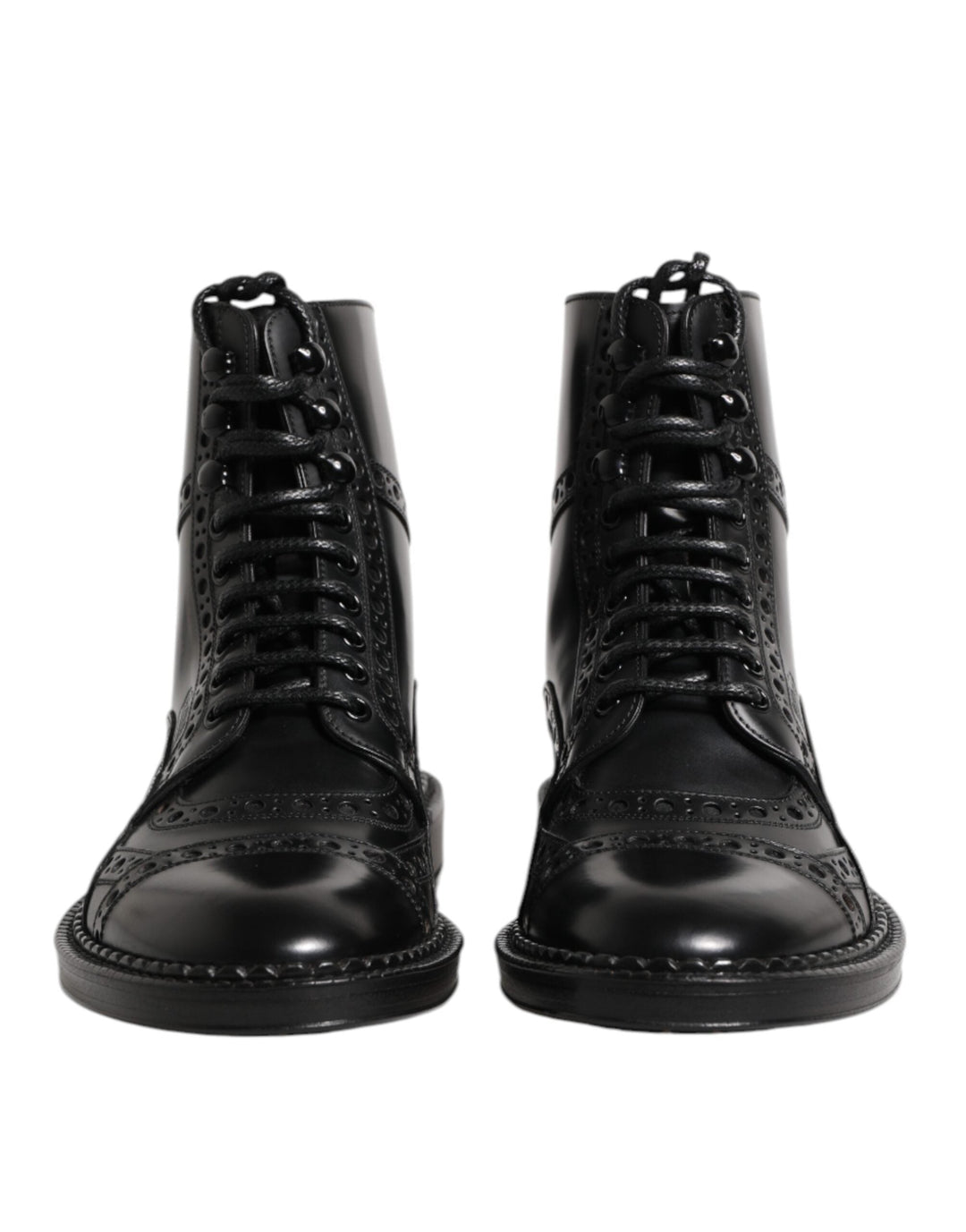 Dolce &amp; Gabbana Black Leather Lace Up Mid Calf Boots Shoes