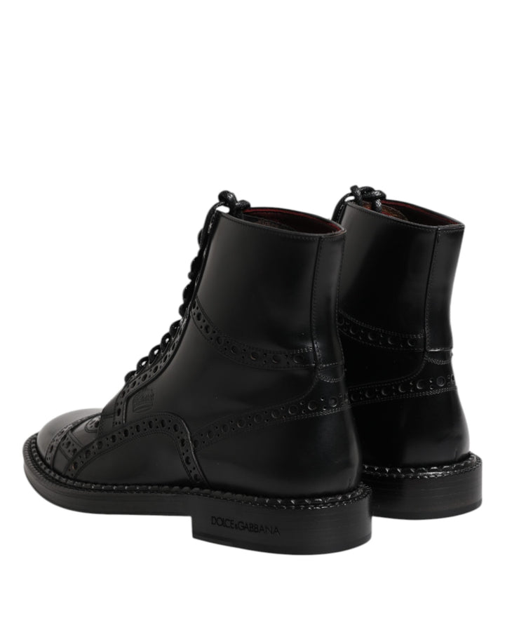 Dolce &amp; Gabbana Black Leather Lace Up Mid Calf Boots Shoes