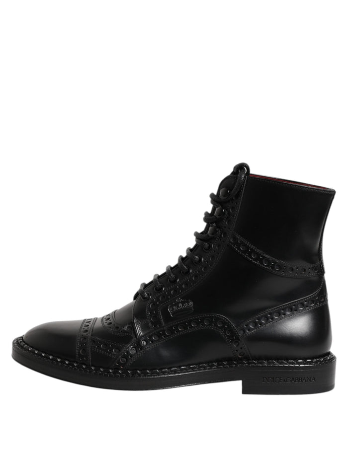 Dolce &amp; Gabbana Black Leather Lace Up Mid Calf Boots Shoes