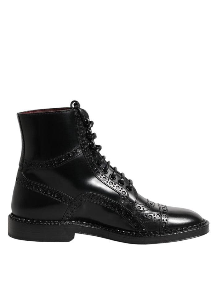 Dolce &amp; Gabbana Black Leather Lace Up Mid Calf Boots Shoes