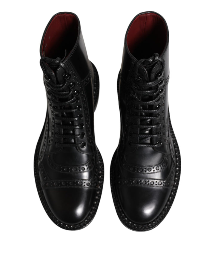 Dolce &amp; Gabbana Black Leather Lace Up Mid Calf Boots Shoes