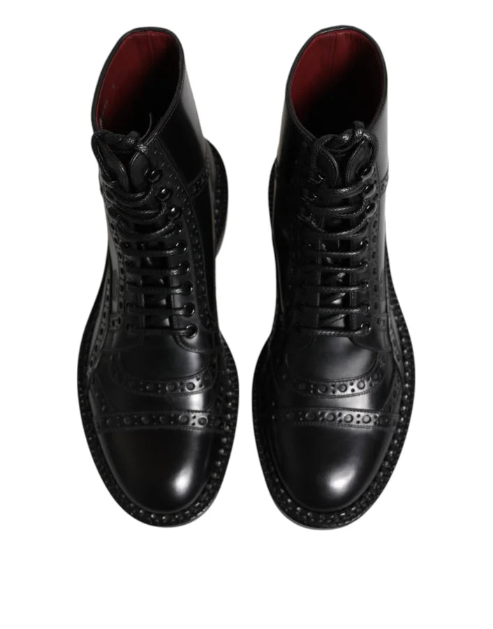 Dolce &amp; Gabbana Black Leather Lace Up Mid Calf Boots Shoes
