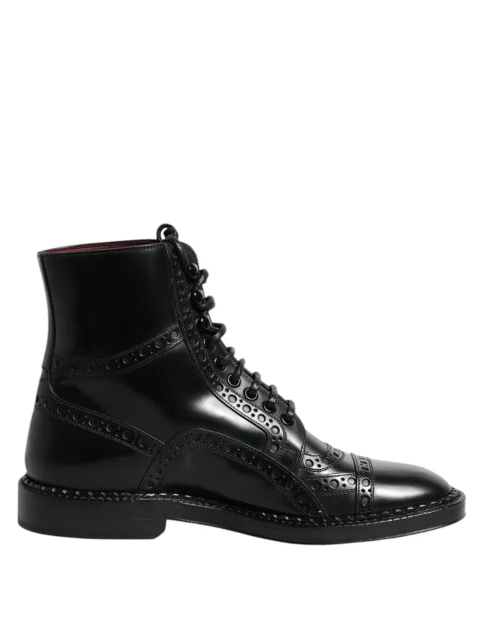 Dolce &amp; Gabbana Black Leather Lace Up Mid Calf Boots Shoes