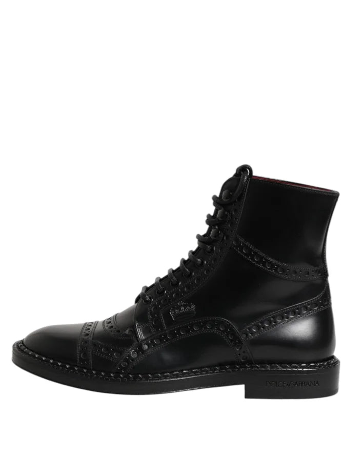 Dolce &amp; Gabbana Black Leather Lace Up Mid Calf Boots Shoes