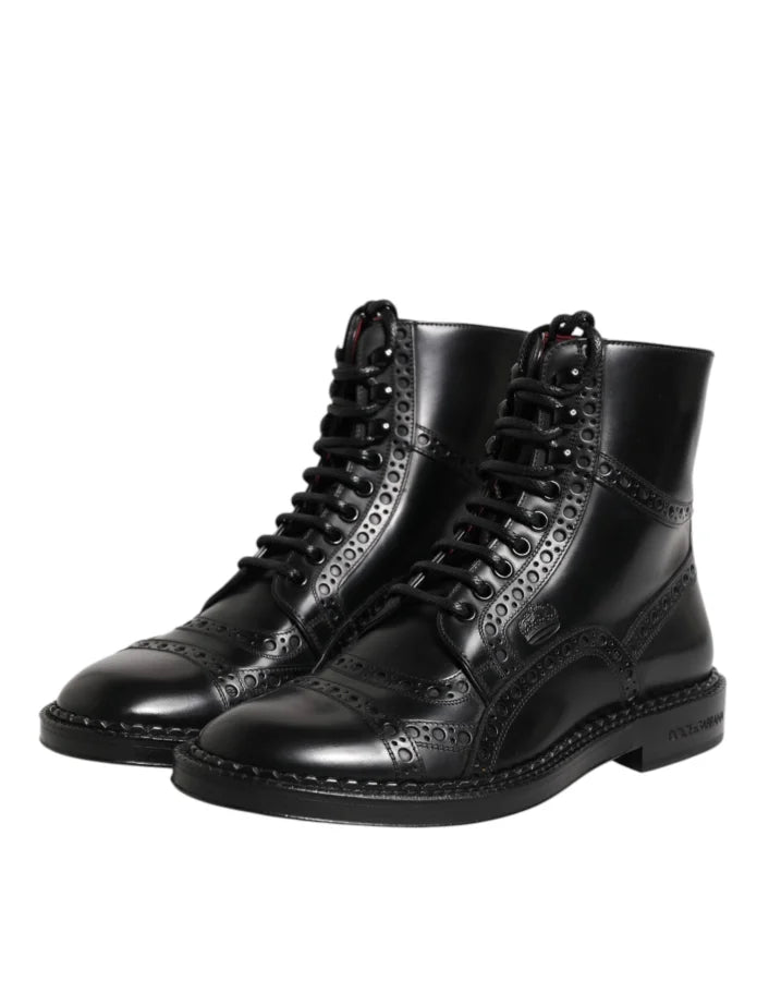 Dolce &amp; Gabbana Black Leather Lace Up Mid Calf Boots Shoes