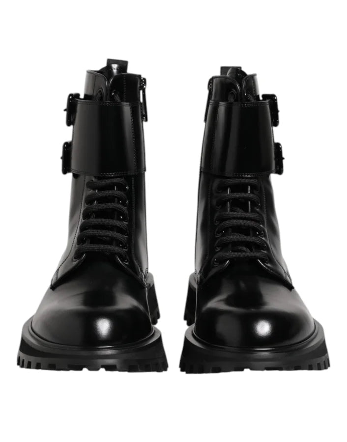 Dolce &amp; Gabbana Black Leather Lace Up Mid Calf Boots Shoes