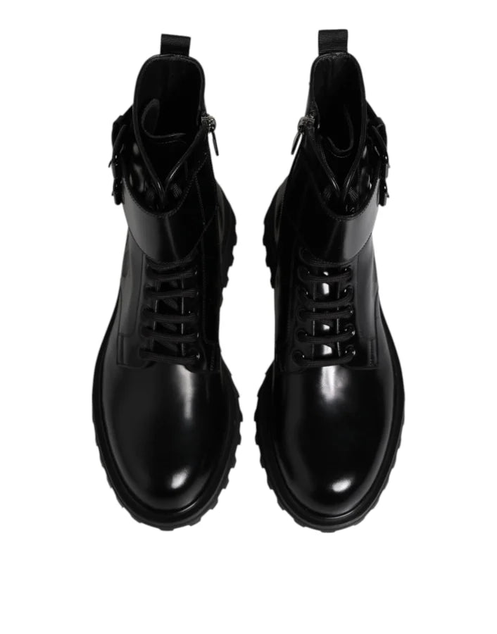 Dolce &amp; Gabbana Black Leather Lace Up Mid Calf Boots Shoes